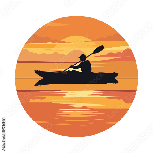 Kayaker Silhouette with Sunset Reflection Vector Illustration, Calm Lake Scene, retro kayaking, vintage kayak 