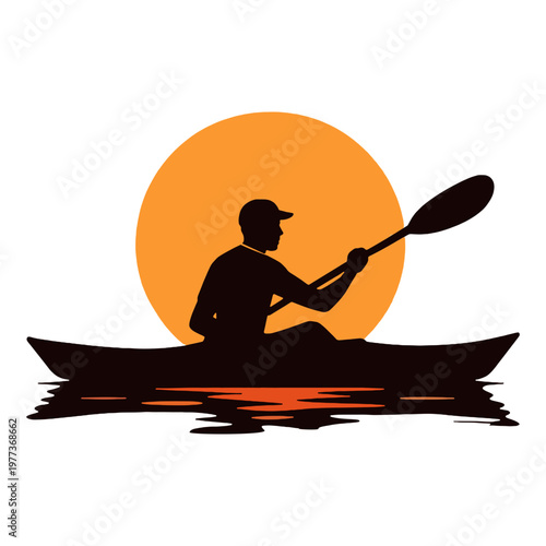 Kayaker Silhouette with Sunset Reflection Vector Illustration, Calm Lake Scene, retro kayaking, vintage kayak 