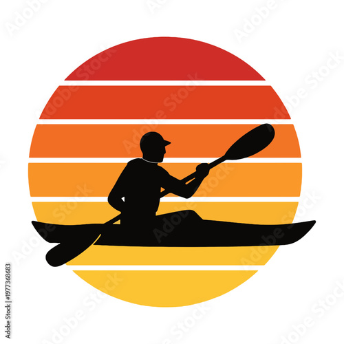 Kayaker Silhouette with Sunset Reflection Vector Illustration, Calm Lake Scene, retro kayaking, vintage kayak 