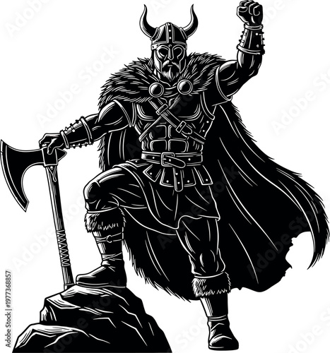 A fierce viking warrior in full battle gear wielding an axe depicted in a striking black and white sketch style