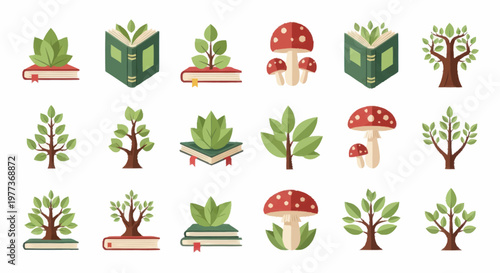 Collection of stylized icons representing nature and education.