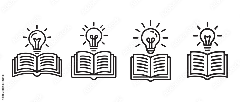 Fototapeta premium Open books with glowing lightbulbs symbolizing new ideas, knowledge, and innovation icons.