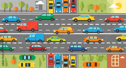 Busy Highway with Many Cars and Trucks Driving.