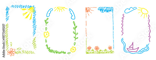 Simple hand drawn frames with pastel scribble lines and chalk texture. Crayon kindergarten frame set perfect for kids photos, certificates and school layouts.