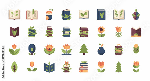 Collection of flower and book icons.