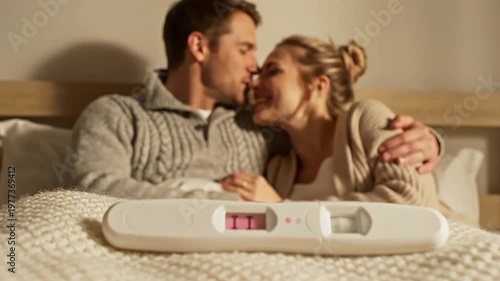 A happy couple embraces in bed with a positive pregnancy test in the foreground, celebrating exciting news.