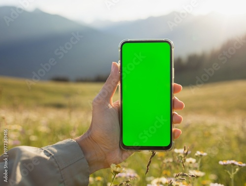 Hand holding smartphone with green screen in a field of flowers.