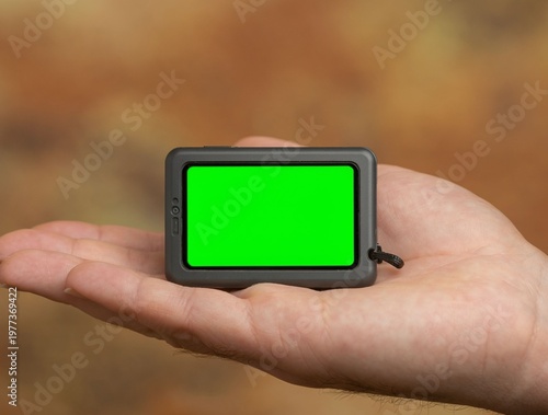 A hand holding a small green screen device.