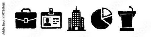 Set of Hand-Drawn Business Icons Featuring Briefcase, ID Card, Office Building, Pie Chart, and Podium; Black and White Sketch Style for Professional Corporate Presentation and Web Design