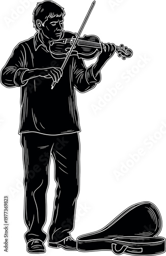 Vintage illustration of a street musician playing the violin with a case nearby