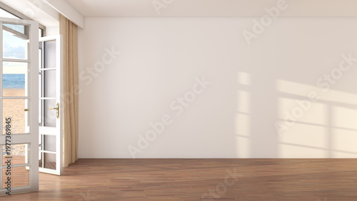 Bright Minimal Interior with Wooden Floor and Open Glass Door Leading to Sandy Beach and Blue Ocean. Sunlight Casting Window Shadows on Wall Creating Calm Coastal Living Atmosphere. 3D Illustration
