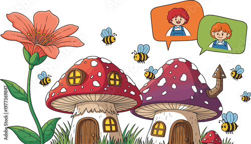 Fantasy mushroom houses with bees flower and kids speech bubbles cartoon vector illustration for fairy tale nature scene