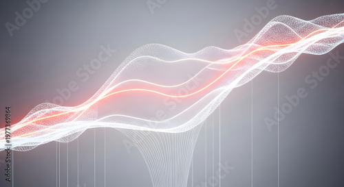 Glowing data path and topographical landscape. Cloud computing and artificial intelligence network. Luminous white particles forming waves with a bright orange energy core.