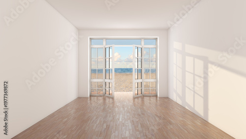 Minimal Empty Room with Wooden Floor and Open Glass Doors Leading Directly to Sandy Beach and Blue Ocean Horizon. Bright Sunlight Creates Shadows on Wall in Peaceful Coastal Interior. 3D Illustration