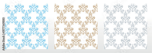 Wallpapers in the style of Baroque.. Set of colored floral ornaments. Seamless vector backgrounds Graphic patterns for fabric, wallpaper, packaging. Ornate Damask flower illustration