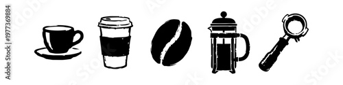 Set of Hand Drawn Coffee Icons Featuring Cup and Saucer, Takeaway Cup, Roasted Coffee Bean, French Press, and Espresso Portafilter Silhouettes Isolated on White Background