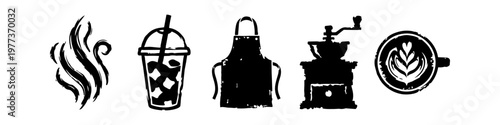 Set of Hand Drawn Coffee Culture Icons Including Aroma Steam, Iced Coffee, Barista Apron, Vintage Coffee Grinder, and Latte Art Silhouette