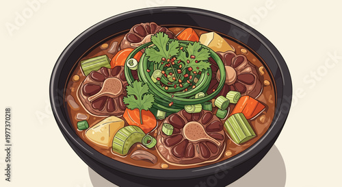 Delicious Oxtail Stew with Vegetables in a Black Bowl, Illustration
