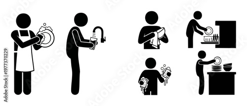 Washing Dishes Icon Set, Household Cleaning Chores and Kitchen Hygiene Pictograms, Person Scrubbing Plates and Using Dishwasher Vector Illustration for Manuals, Home Care Guidelines and Informational
