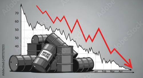 Oil barrels and falling stock market graph with red arrow.