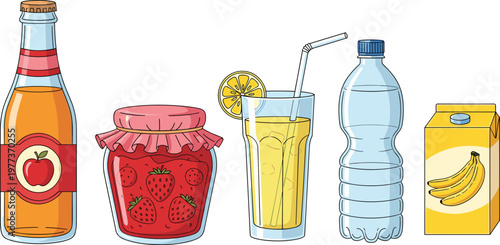 Colorful vector illustration of assorted fruit beverages and jam jars including apple juice, strawberry jam, lemonade, bottled water, and banana drink packaging for healthy lifestyle concepts