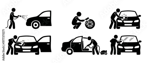 Car Wash Icon Set - Professional Auto Cleaning and Detailing Steps, Vector Stick Figure Illustrations for Maintenance Services, Vehicle Washing Procedures, Soap Bubbles, Vacuuming, and Tire Scrubbing.