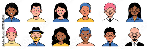 Diverse people avatars set with smiling multiethnic characters | Collection of flat line art icons for user profile and website team pages