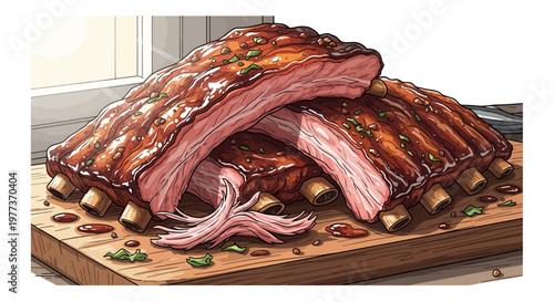 Delicious, Juicy, and Tender BBQ Ribs on Wooden Cutting Board