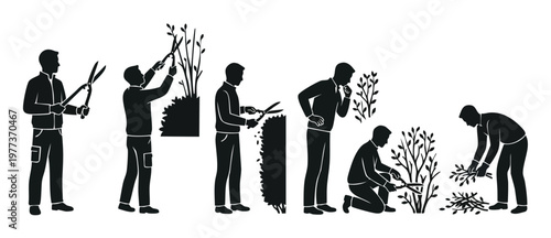Gardener pruning shrubs silhouette icon set, professional landscaping maintenance process, man trimming plants with shears and collecting garden waste, black and white vector illustration of yard work