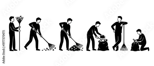 People Raking Leaves Icon Set, Man Cleaning Garden Yard Work Silhouette, Autumn Seasonal Maintenance Activity, Collection of Seasonal Workers Collecting Foliage into Waste Bags for Landscaping Project