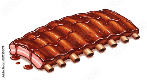 Delicious Cartoon Illustration of BBQ Ribs with Glossy Sauce Drizzles