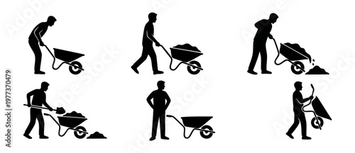 Man with Wheelbarrow Silhouette Icons Set, Construction Worker Pushing Cart, Gardening Labor Activities, Heavy Lifting and Manual Work Vector Collection for Industrial and Building Site Visual Design