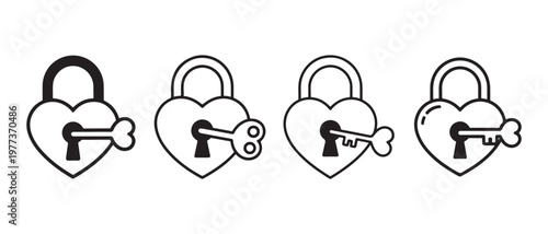 Heart shaped padlock and key icons set. locked, unlocked, opening, closed.