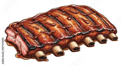 Delicious, Juicy, BBQ Ribs with Glossy Sauce, Cartoon Illustration