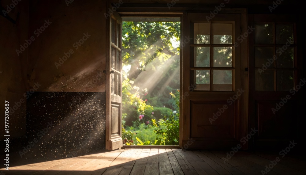 Fototapeta premium Old open door with sunlight creating light beams
