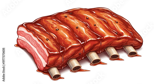 Delicious, Juicy BBQ Ribs with Glaze, Ready to Eat, Isolated on White