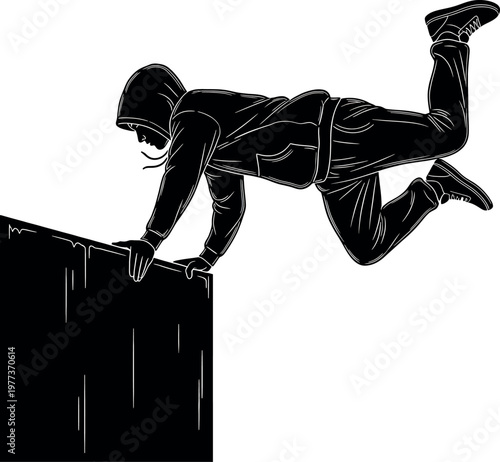 A silhouette of a person dramatically leaping from a ledge showcasing risk and determination in a stark visual