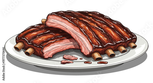 Delicious Barbecue Ribs on a White Plate, Glazed and Ready to Eat