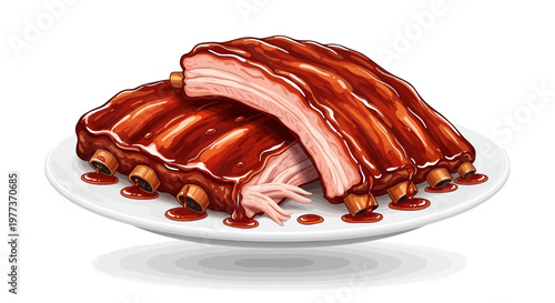 Delicious, Juicy, BBQ Ribs on a White Plate, Ready to Eat.