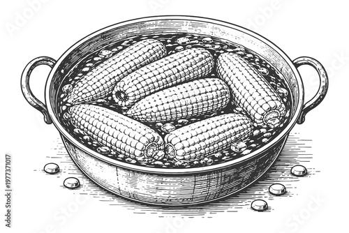 Corn Cobs Cooking in Pot Vector Illustration in Vintage Etching Style for Recipe Books and Home Cooking Culinary Designs