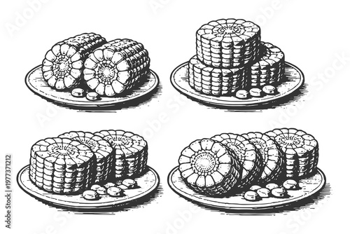 Sliced Corn Cobs on Plate Vector Illustration Set in Vintage Line Art Style for Cooking Recipes and Restaurant Menu Graphic Elements