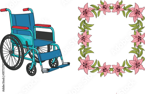 Medical wheelchair mobility aid with pink lily floral wreath decorative frame vector illustration for healthcare accessibility and botanical design