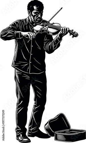 Vintage illustration of a street musician playing the violin with a hat at his feet