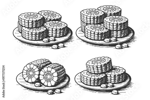 Assorted Corn Slices on Small Plates Vector Illustration in Engraving Style for Food Processing and Culinary Blog Graphic Assets