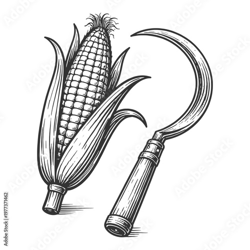 Vintage engraved corn cob and sickle vector illustration in detailed line art farming harvest style