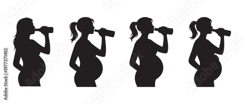 Pregnant Woman Silhouettes. Drinking From Bottle, Depicting Maternal Health Concerns.