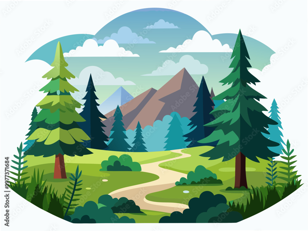 Obraz premium Nature landscape. Coniferous forest clearing scenery. Fir, spruce trees, grass in woodland. Conifer countryside, sky and clouds. Flat vector illustration isolated on white background