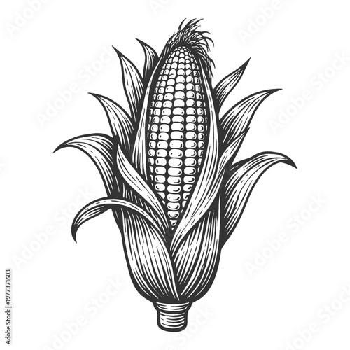 Detailed line art vector illustration of a single ear of corn with husk, black and white vintage engraving style