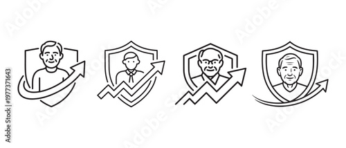 Senior Men Security Shield Growth Icons. Financial Protection, Investment, Retirement Planning.