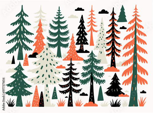 Nature landscape. Coniferous forest clearing scenery. Fir, spruce trees, grass in woodland. Conifer countryside, sky and clouds. Flat vector illustration isolated on white background